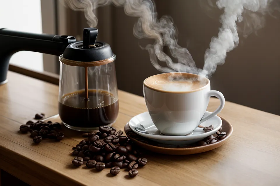 Une tasse de café fumante à côté d'une agrafeuse sur un bureau de bureau.