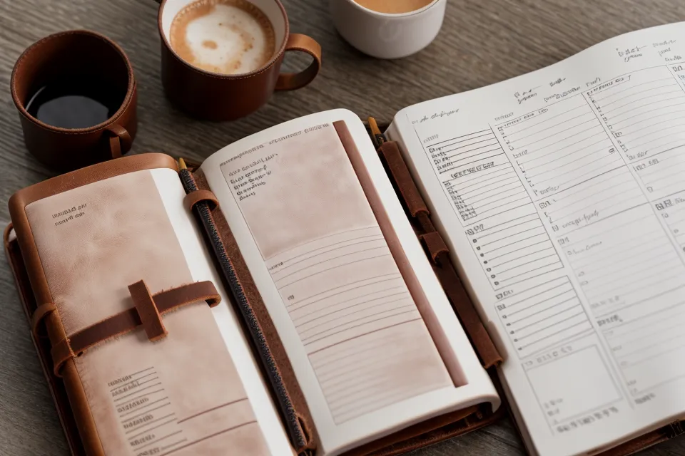 Un agenda ouvert avec des notes manuscrites et un stylo sous une lumière douce.