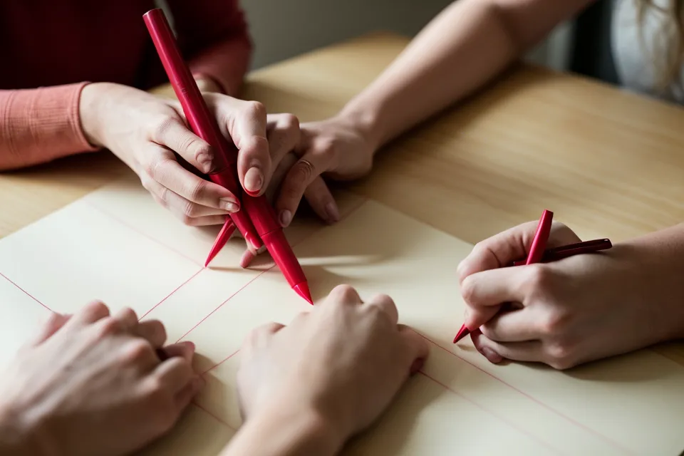 Une main qui raye au stylo rouge les paragraphes de justification d'un licenciement économique dans une lettre de motivation
