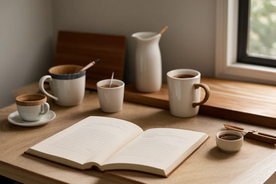 Un verre d'eau posé sur un bureau en bois dans une lumière douce de matin, petit rituel de gestion du stress avant un entretien d'embauche
